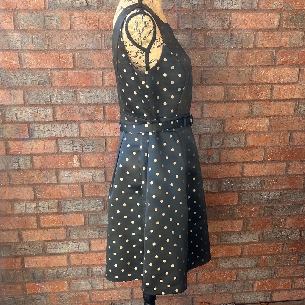 EUC White House Black Market Black Dress with Gold Dots, Pockets and Belt (8) - Picture 3 of 15